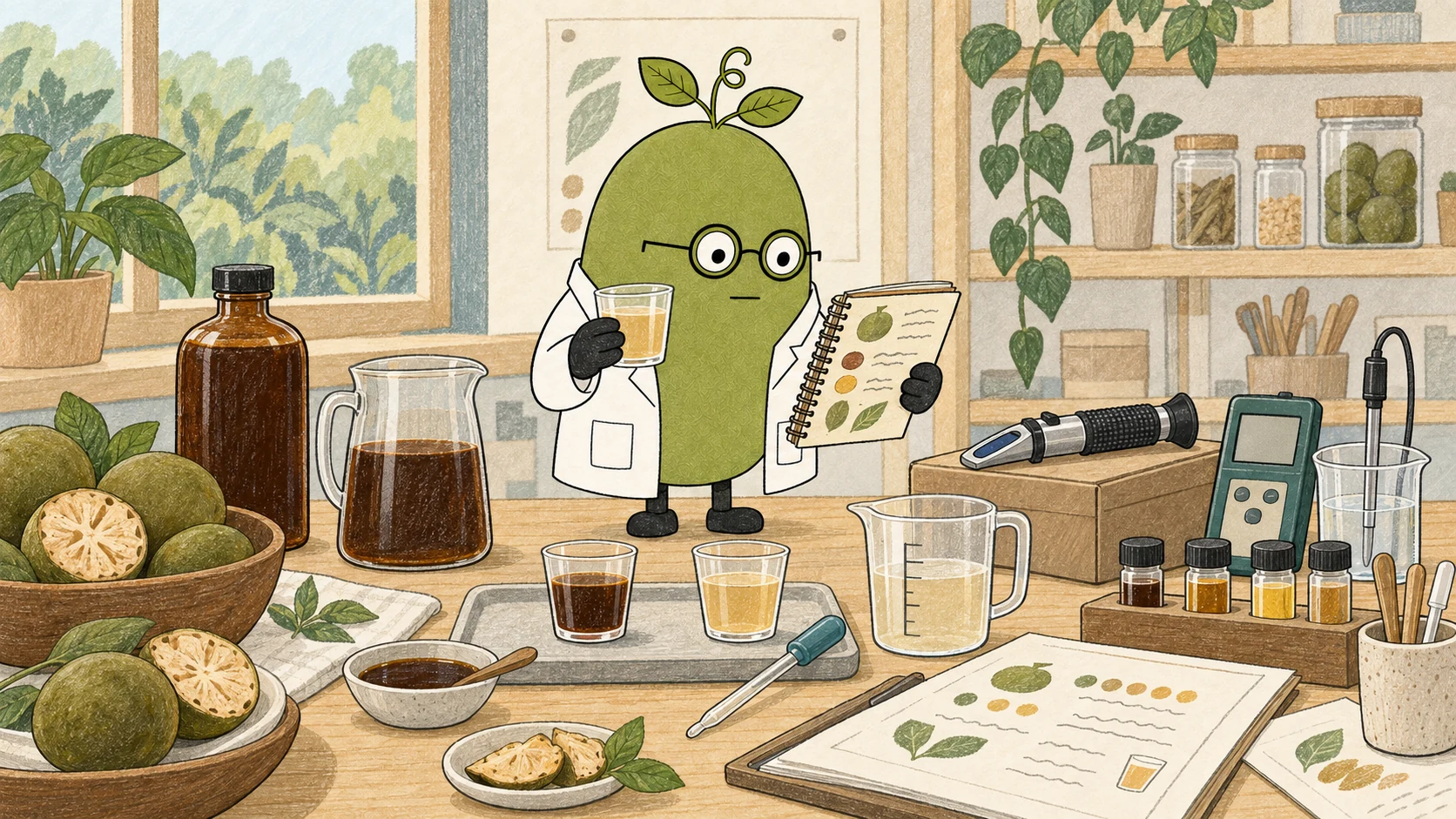 Monk Fruit Doctor compares liquid monk fruit samples and records their ingredient properties.