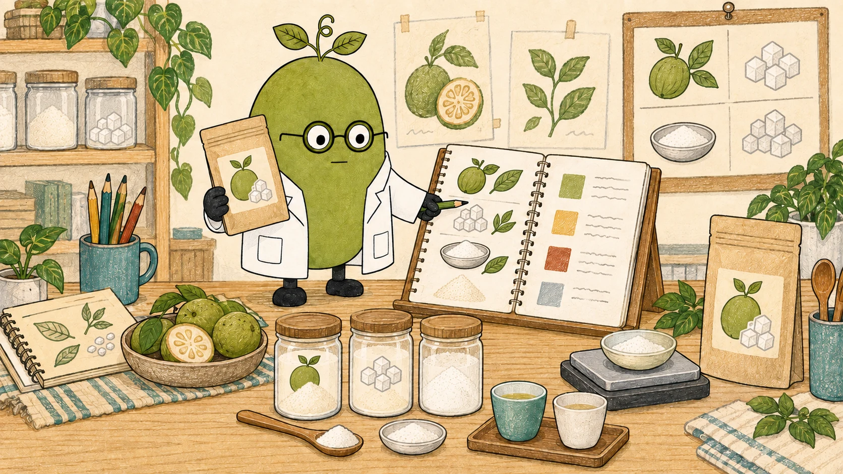 Monk Fruit Doctor compares monk fruit and other sweetener samples at a formulation workbench.