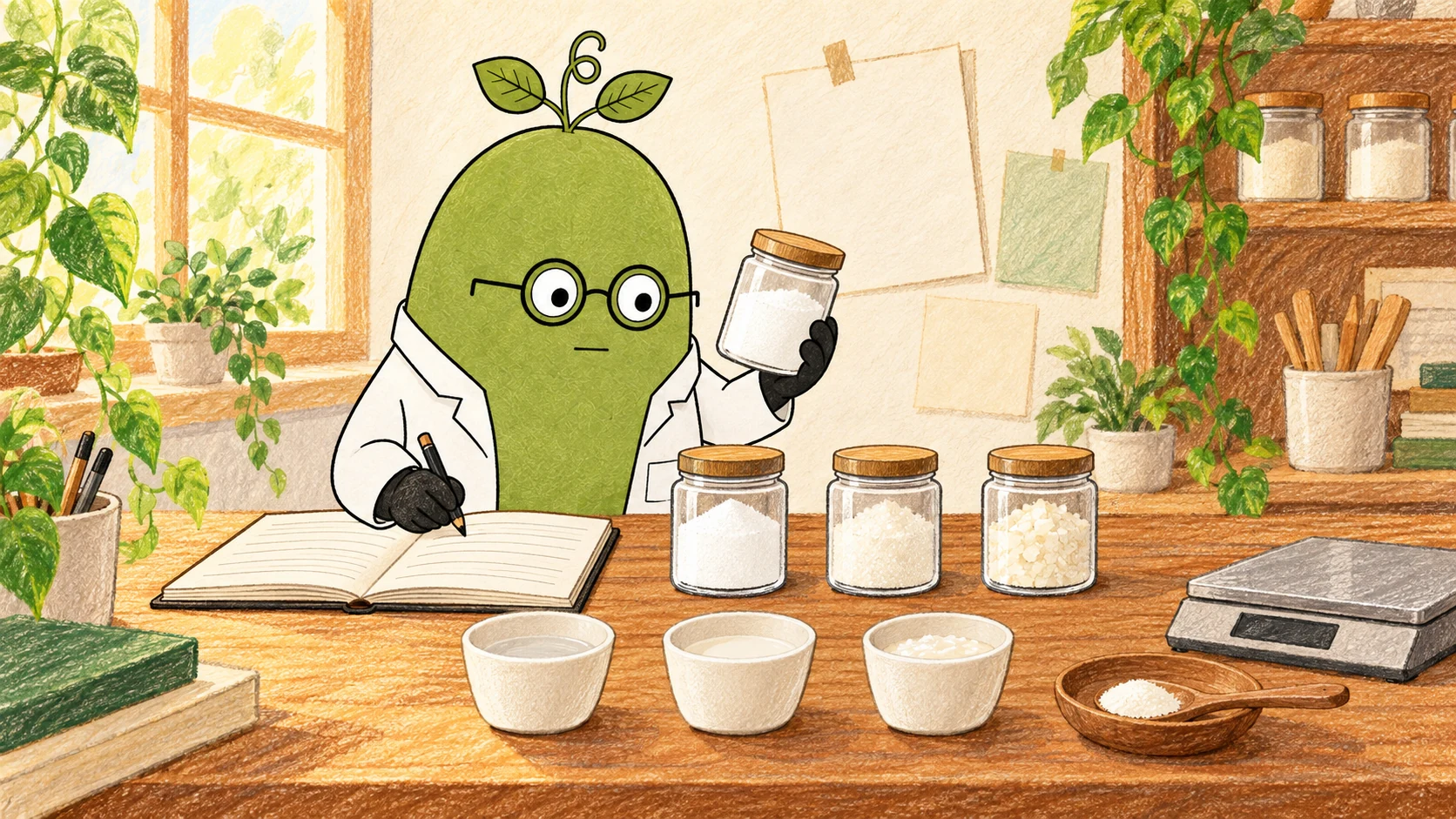 Monk Fruit Doctor examines separate steviol glycoside sample jars and specification notes.