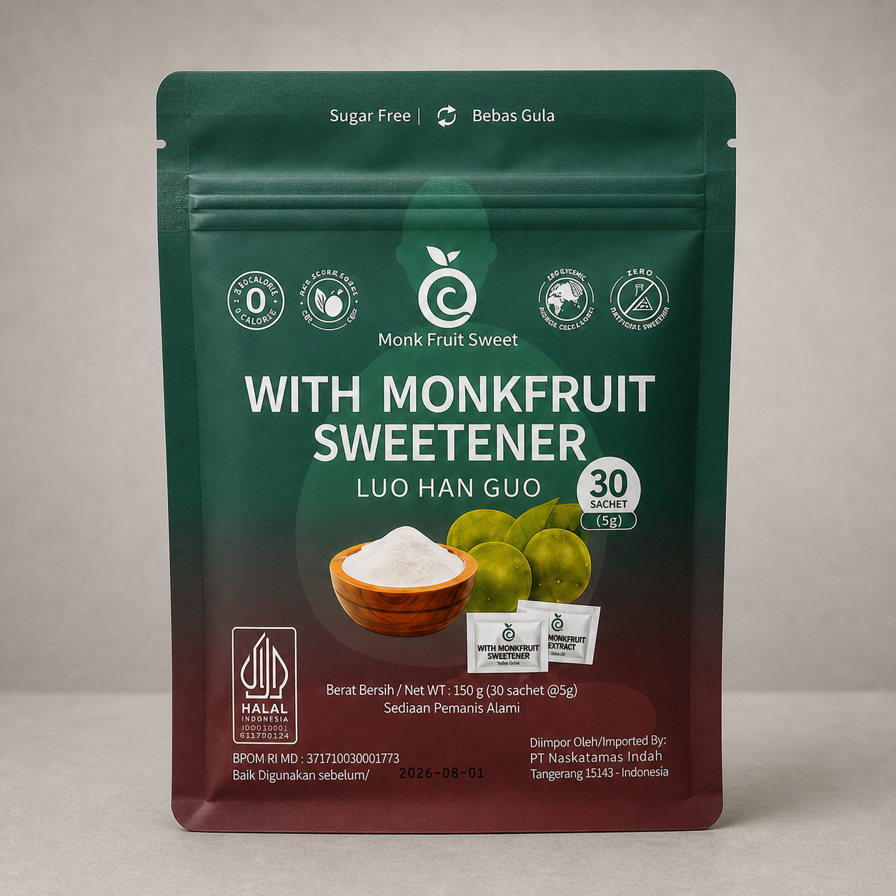 أكياس مُحلّي monk fruit — 150g (5g × 30 كيسًا) — أصلي