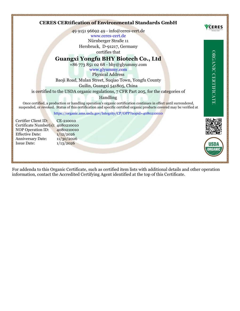BHY USDA Organic