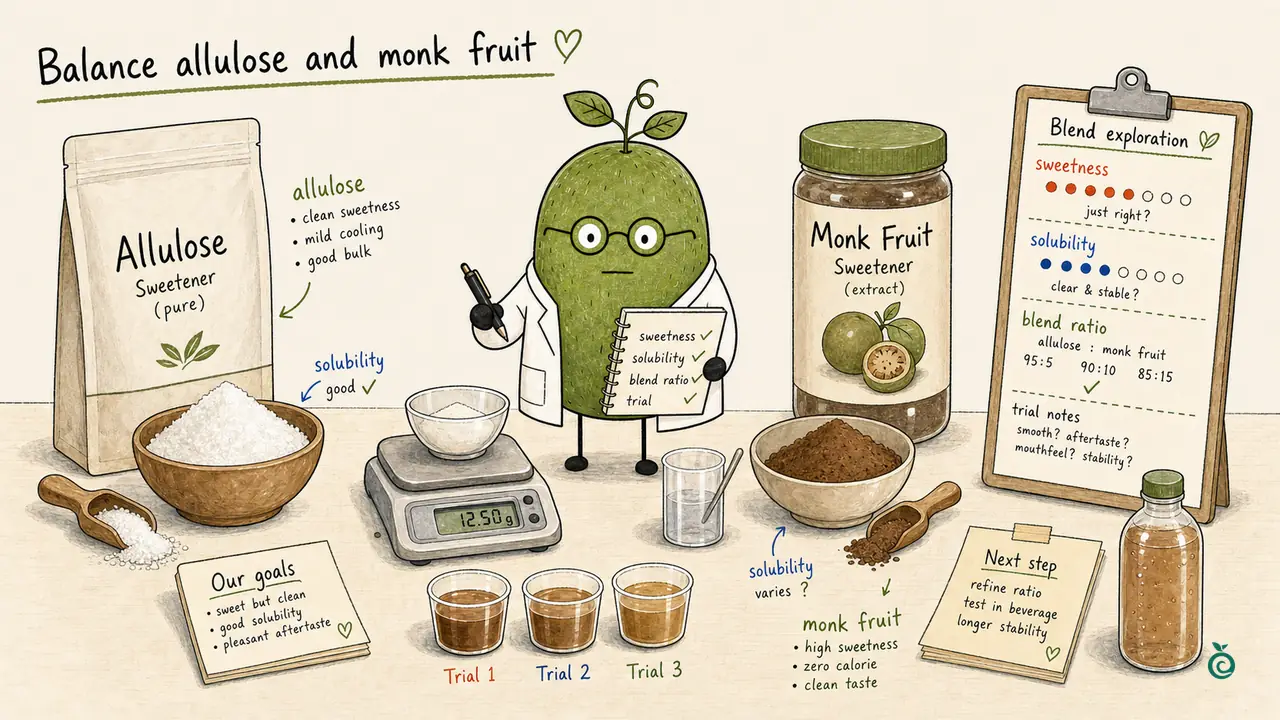 Ian Xiaohei illustration about balancing allulose and monk fruit blend details before sample quotation.