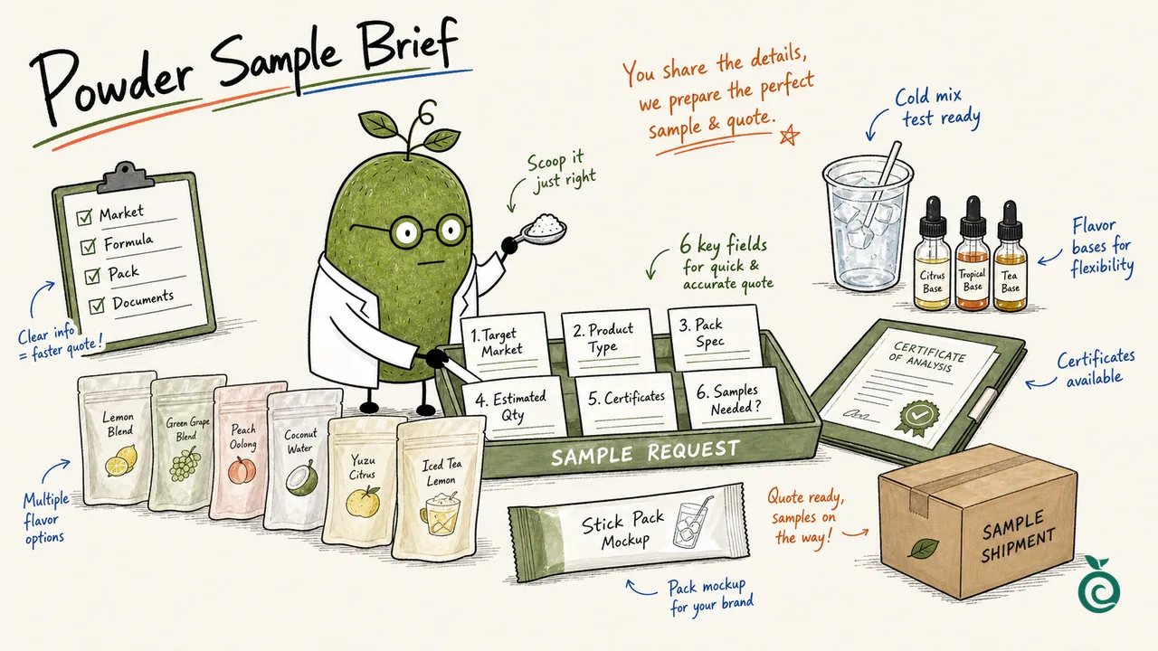 Ilustrasi Dokter Monk Fruit Xiaohei dalam pembahasan: sampel pemanis minuman bubuk untuk merek sendiri.