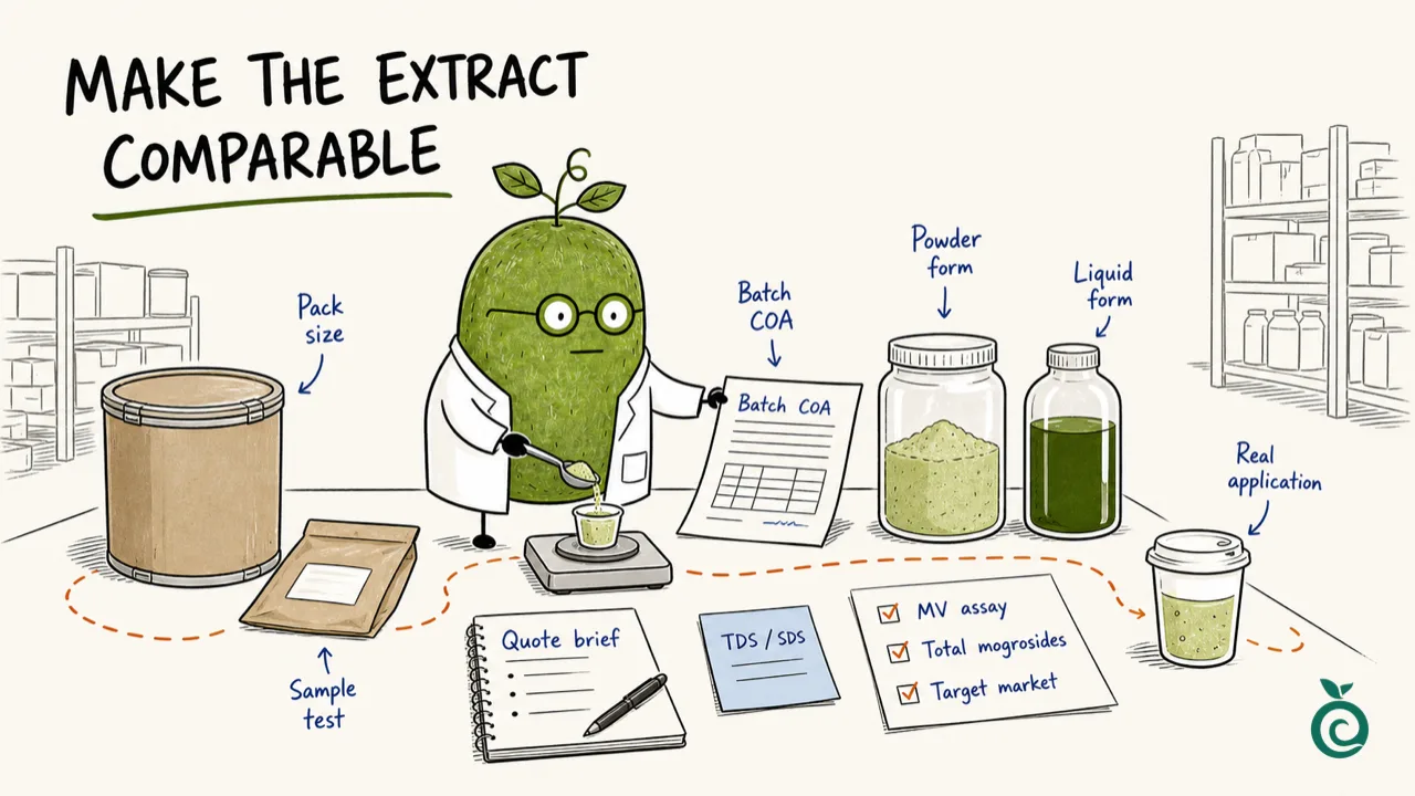 Green Monk Fruit Doctor Xiaohei checking a bulk extract inquiry with assay, form, COA, market and sample notes.