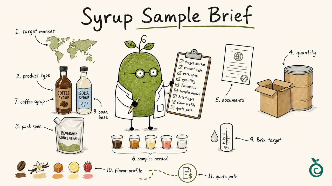 Ian Xiaohei illustration about preparing a coffee and soda syrup sweetener blend sample request.