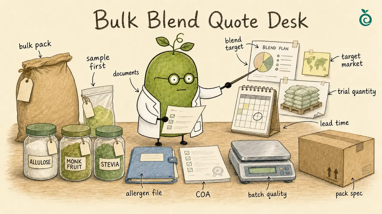 Monk Fruit Doctor illustration about preparing a custom bulk sweetener blend inquiry with samples, documents and buyer-defined bulk packaging.