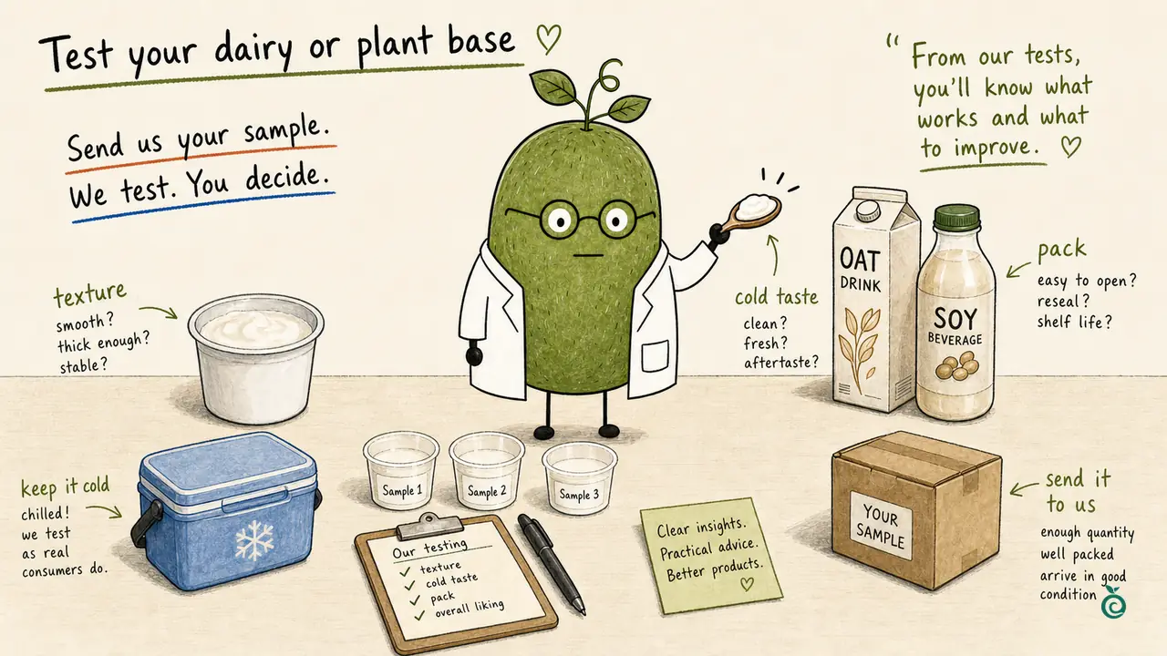 Ian Xiaohei illustration showing six buyer details packed into a dairy and plant-based sweetener sample box.