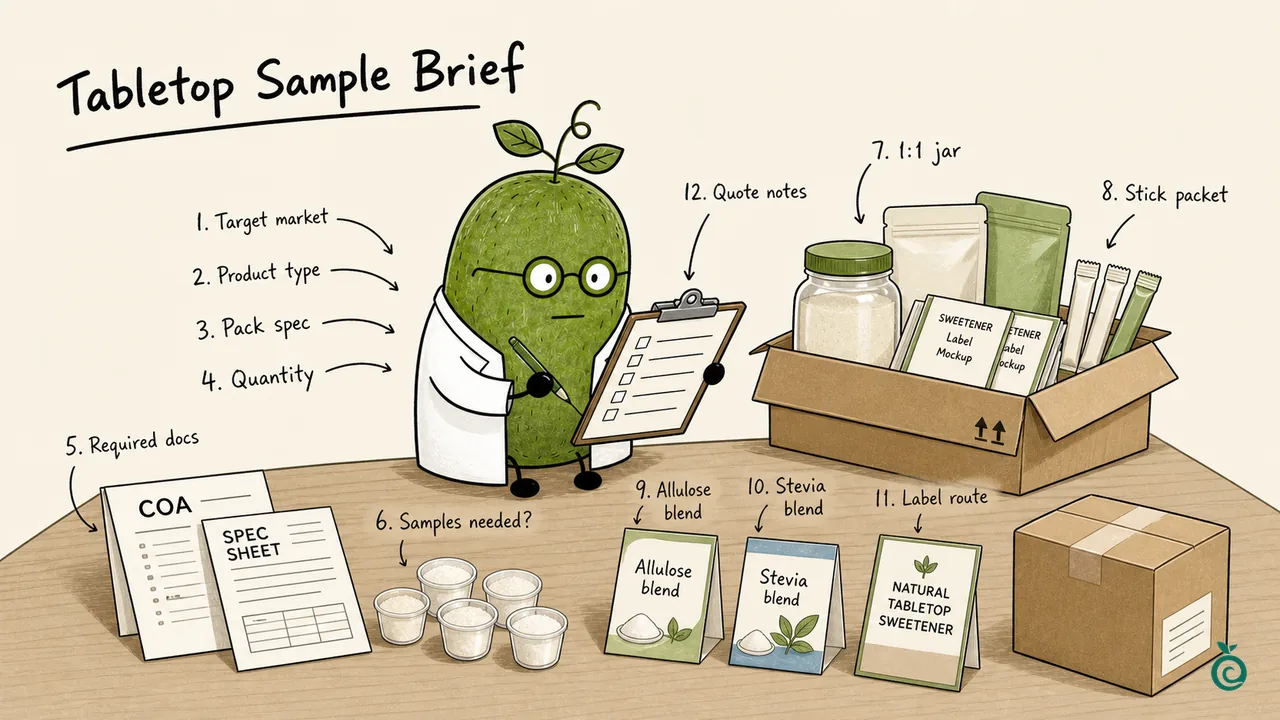 Ian Xiaohei illustration about preparing an erythritol-free tabletop sweetener sample request.