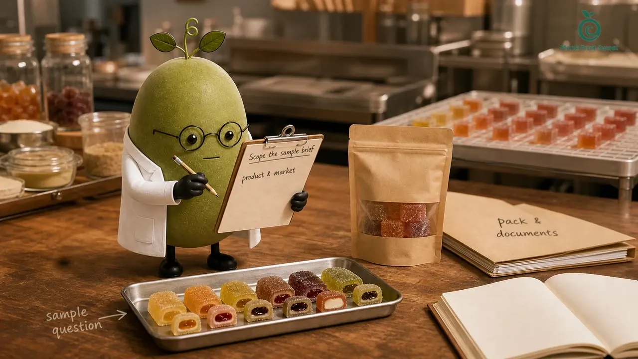Monk Fruit Doctor reviewing a filled-gummy buyer brief beside a real sample tray, package and document folder.