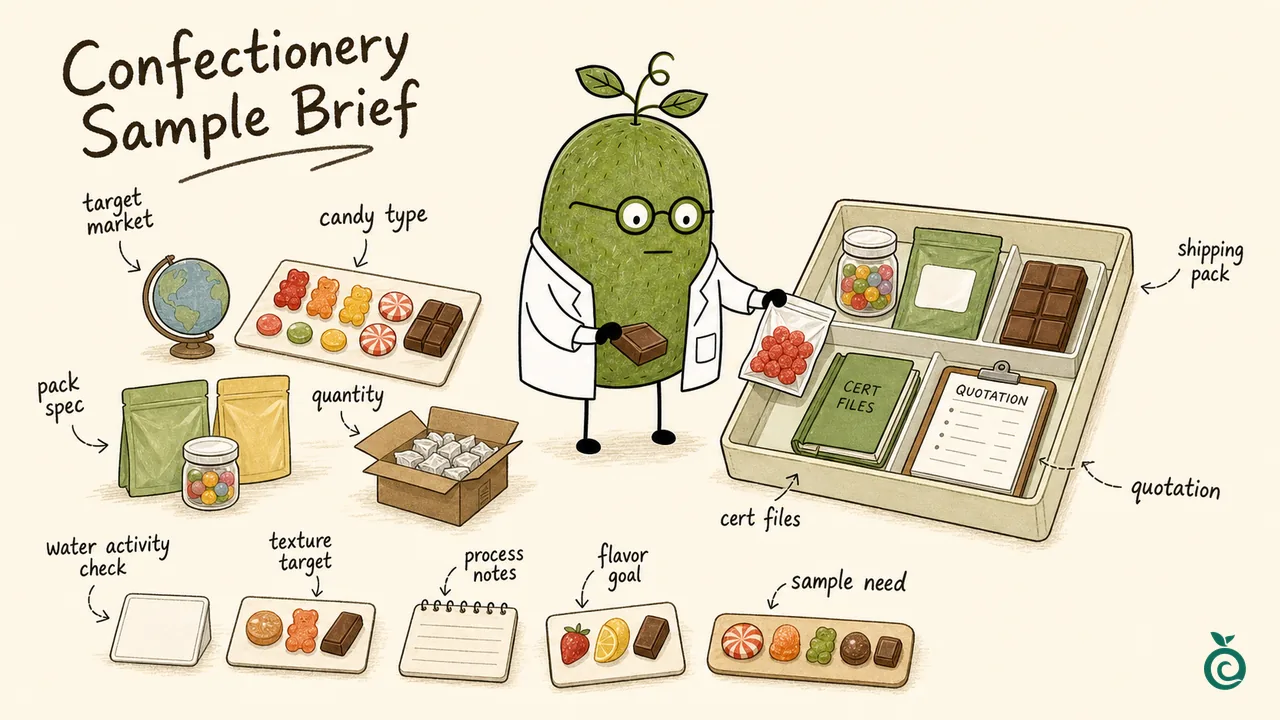 Illustration de Xiaohei, le docteur fruit du moine, sur le thème : Échantillons de mélanges d’édulcorants pour bonbons durs et confiseries.