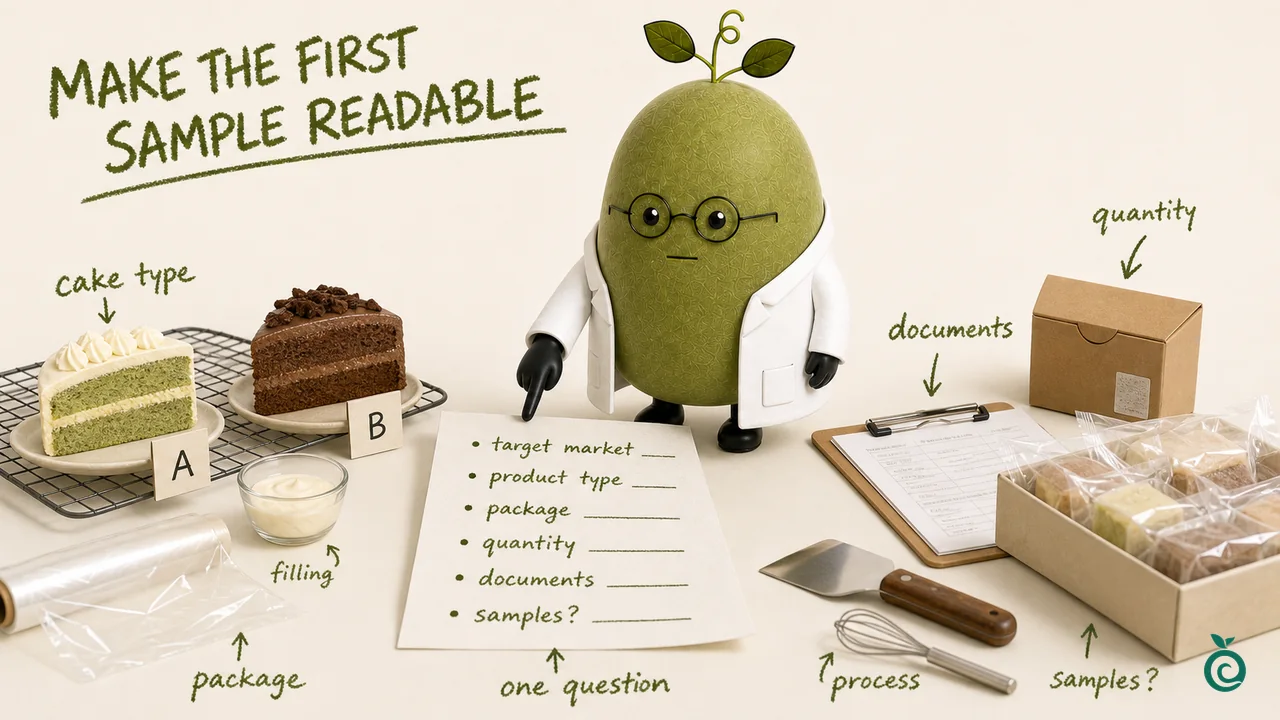 Green Monk Fruit Doctor Xiaohei preparing a low-sugar cake and cream filling sample brief with six buyer fields and storage checks.