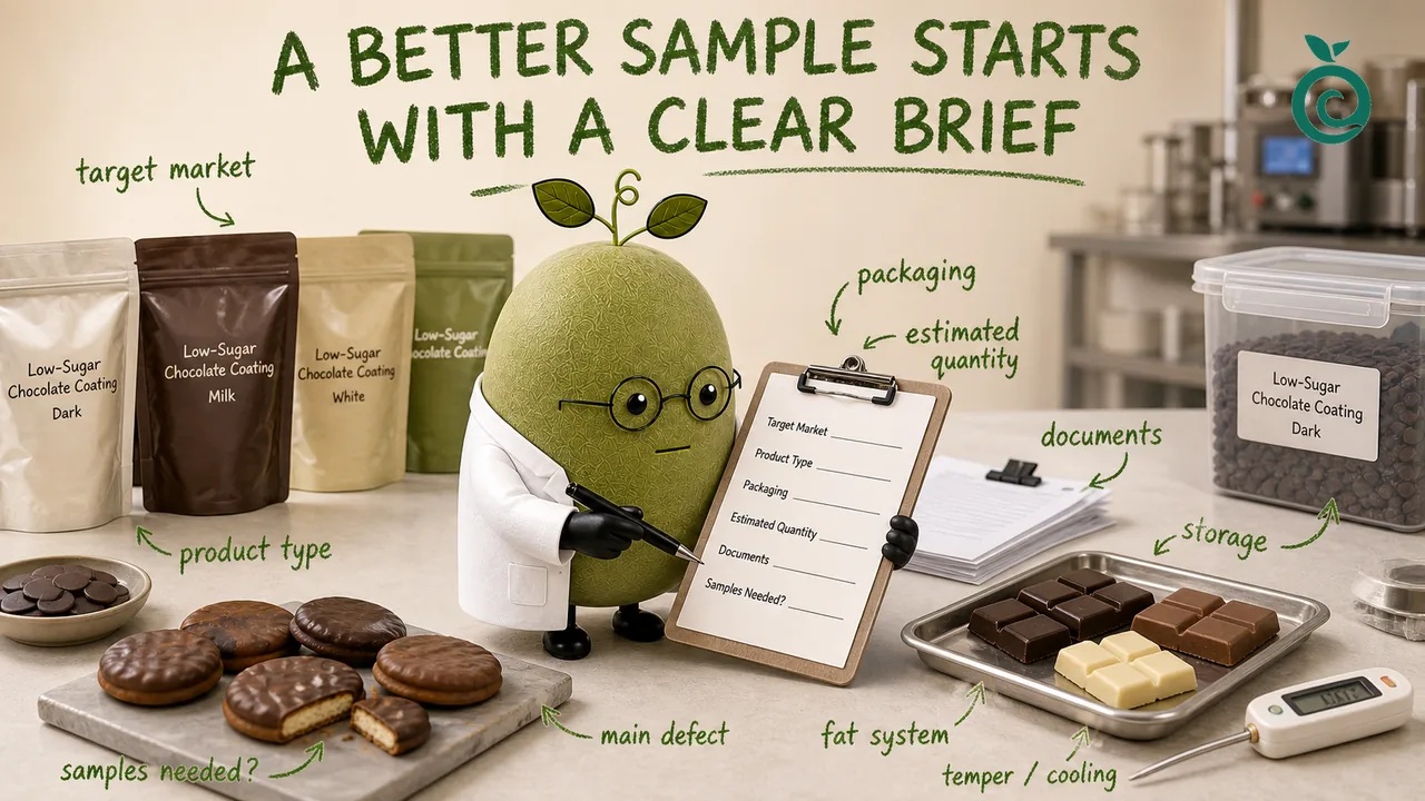 Green Monk Fruit Doctor Xiaohei preparing a low-sugar chocolate coating sample brief with product, packaging and process notes.