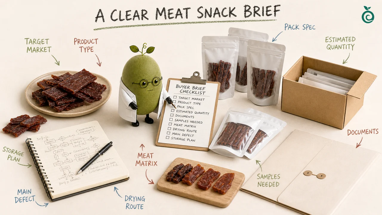 Green Monk Fruit Doctor Xiaohei preparing a low-sugar jerky sample brief with meat, process, moisture, texture and packaging notes.