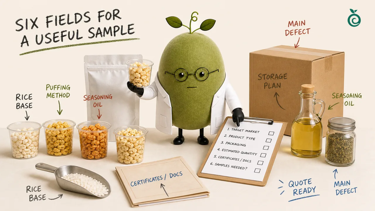 Green Monk Fruit Doctor Xiaohei preparing a savory puffed rice sample brief with six buyer fields, oil, seasoning and storage notes.