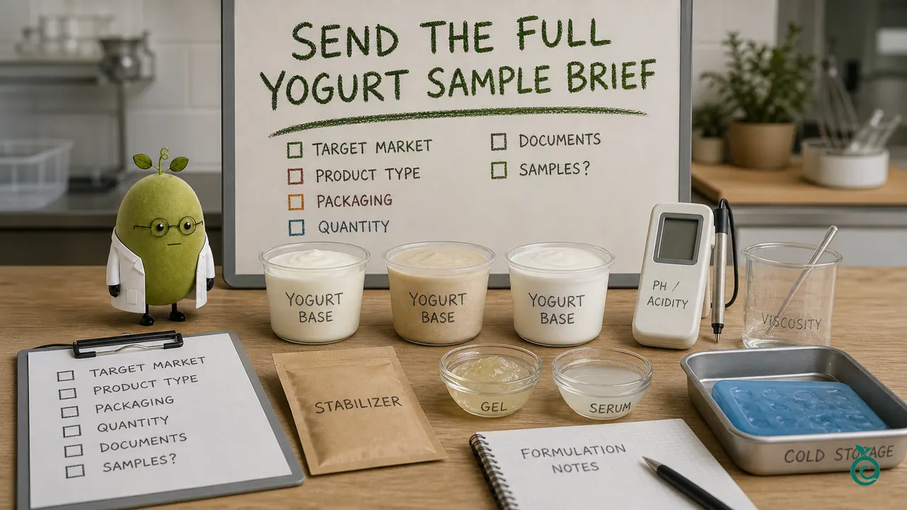 Green Monk Fruit Doctor Xiaohei preparing a low-sugar yogurt sample brief with control cups, gel notes, syneresis checks and buyer fields.