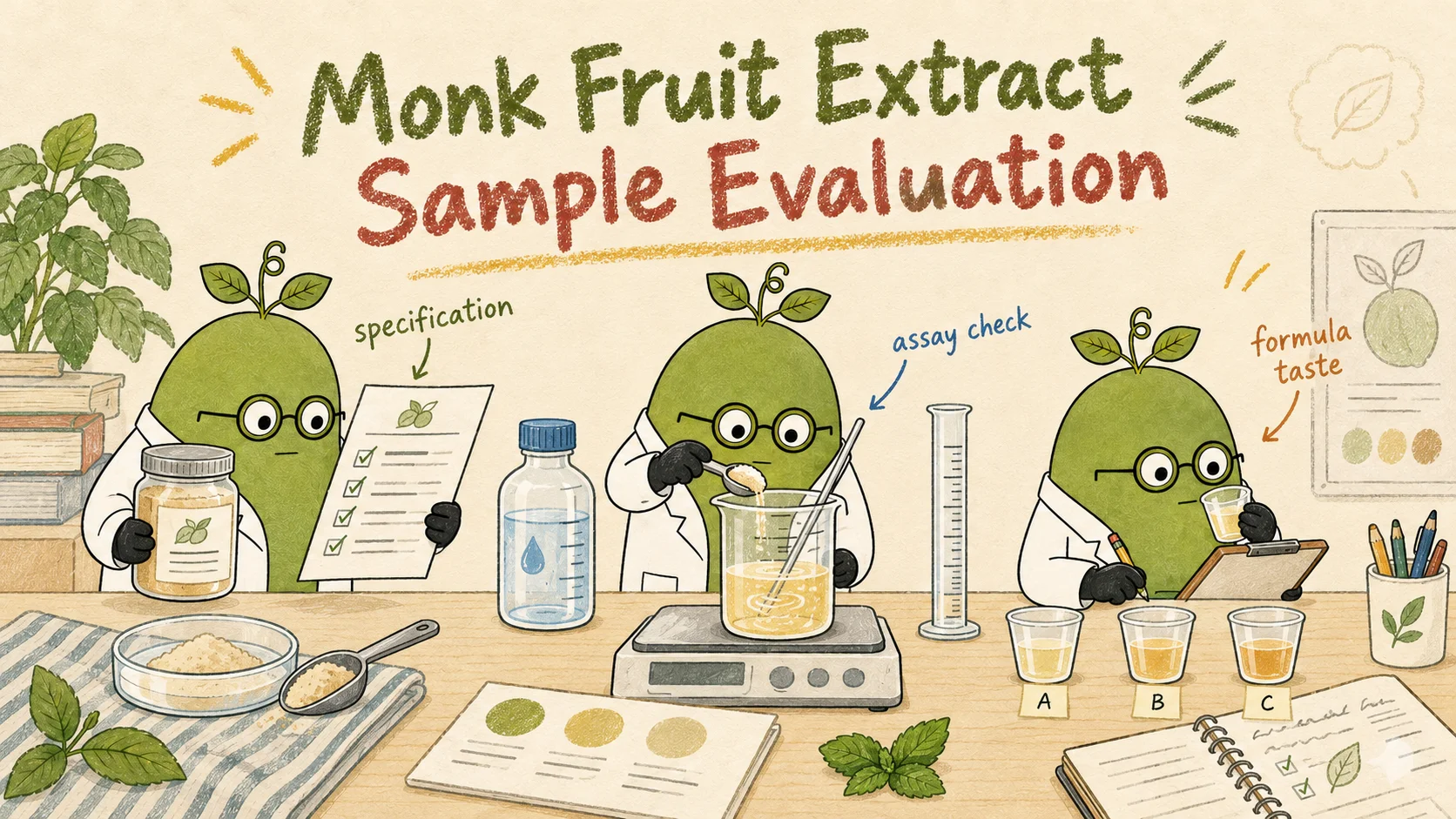 Monk Fruit Doctor comparing labeled extract samples and a sample evaluation record.