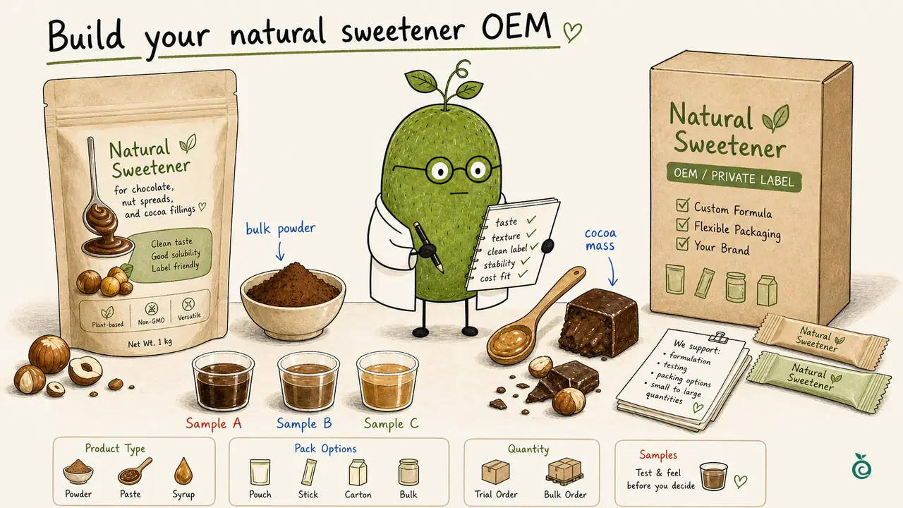 Ian Xiaohei illustration about sorting natural sweetener OEM details into a quotation-ready sample request.