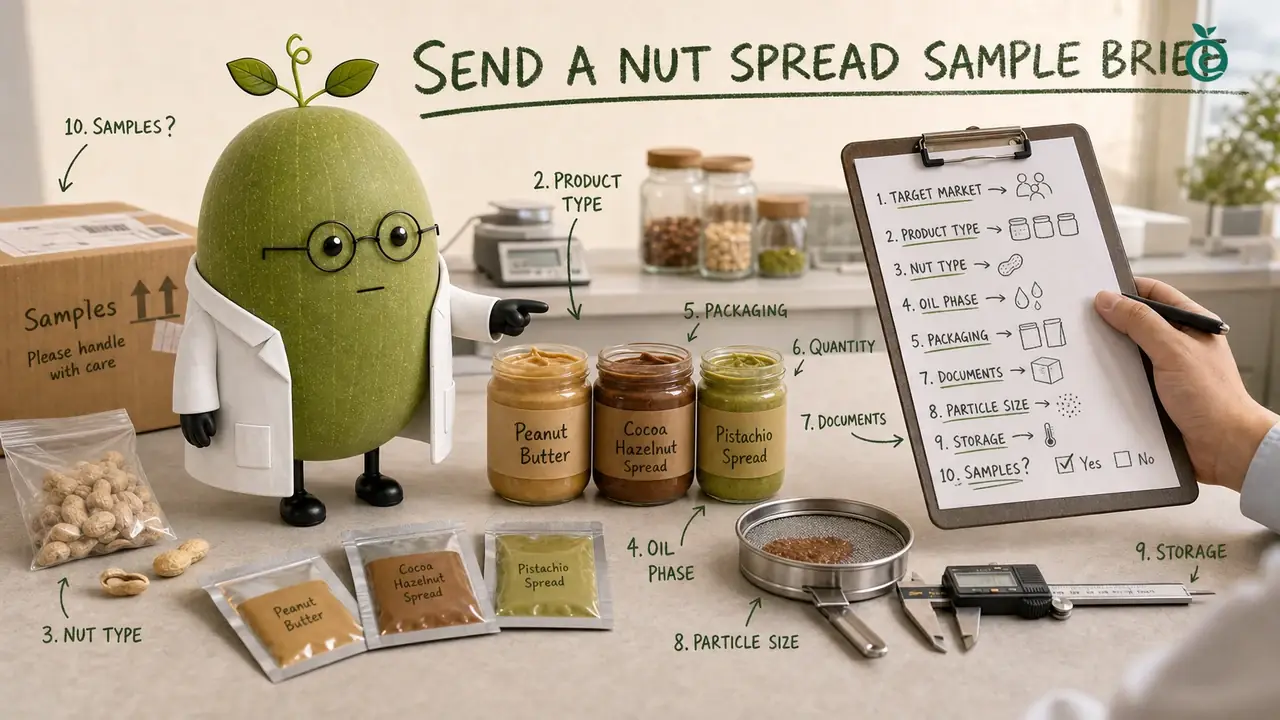 Green Monk Fruit Doctor Xiaohei preparing a nut spread sample inquiry with product, packaging, particle, oil phase and buyer-field notes.