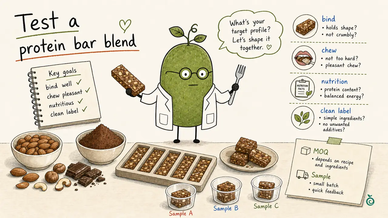Ian Xiaohei illustration about sorting protein bar sample request details before quotation.