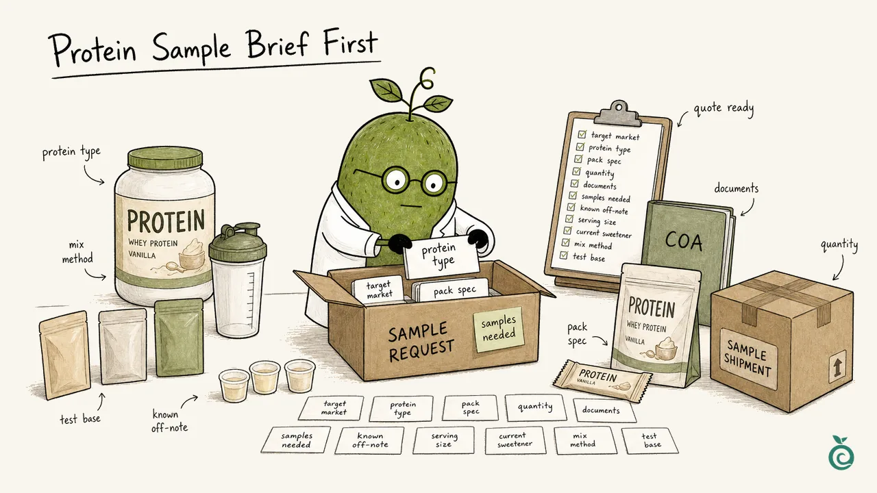 Green Monk Fruit Doctor Xiaohei illustration about preparing a protein powder aftertaste sweetener blend sample request.