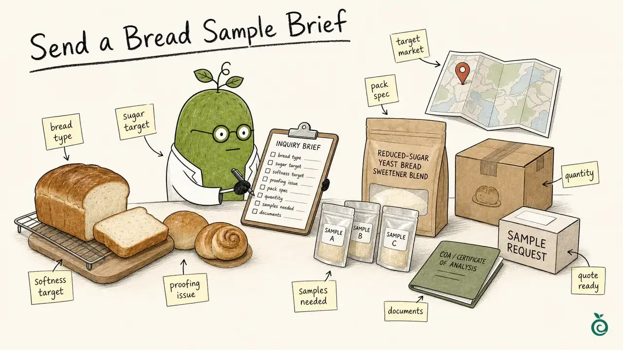 Green Monk Fruit Doctor Xiaohei illustration about preparing a reduced-sugar yeast bread sweetener sample request.