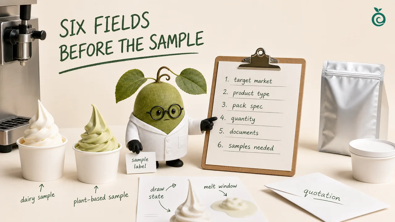 Green Monk Fruit Doctor Xiaohei preparing a soft-serve sweetener mix sample brief with machine, timed melt and buyer fields.