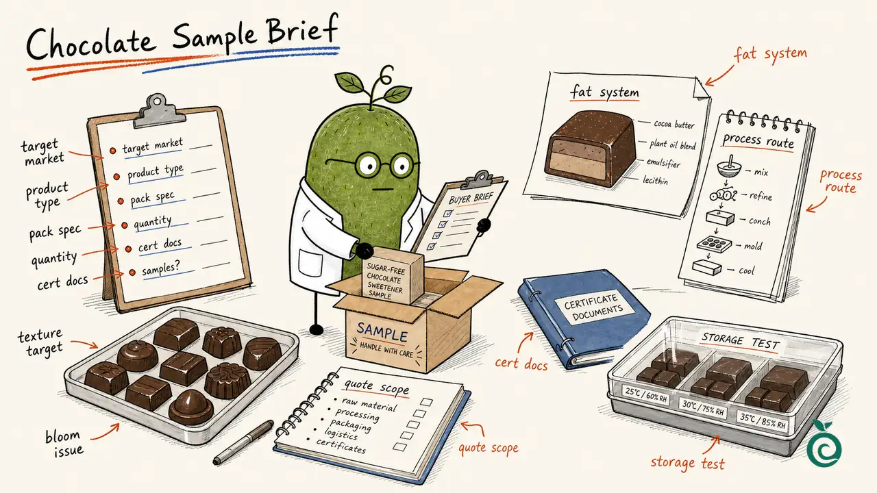 Green Monk Fruit Doctor Xiaohei illustration about preparing a sugar-free chocolate sweetener blend sample request.