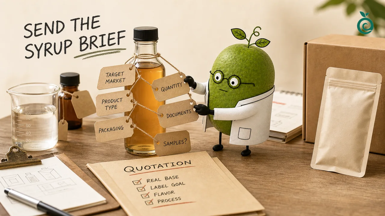Ilustração de Xiaohei, o doutor fruta-do-monge, sobre o tema: Xaropes sem açúcar: amostras, mercado-alvo e rotulagem.