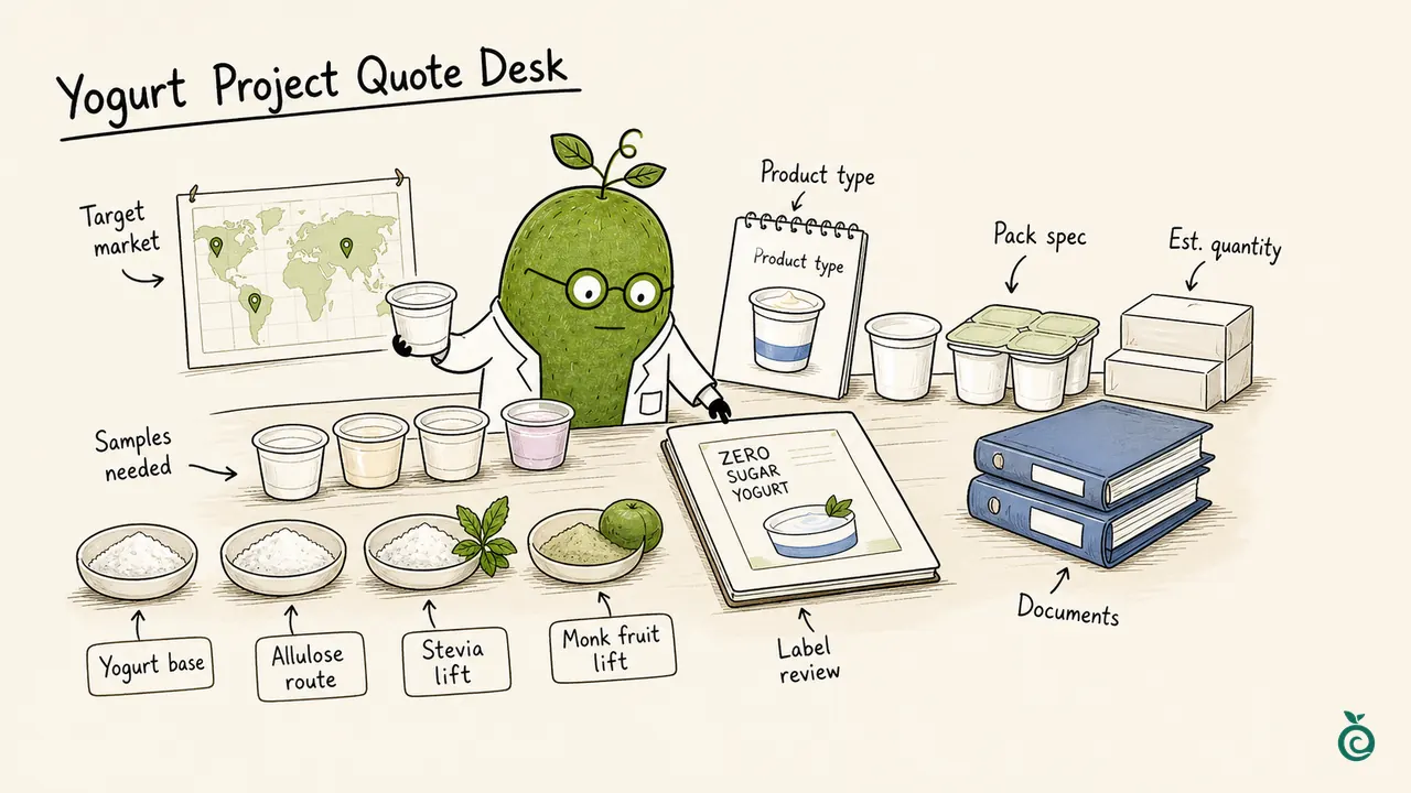 Ian Xiaohei illustration about preparing a zero sugar yogurt sweetener, label and quotation request.