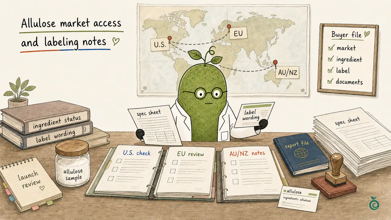 Illustration de Ian Xiaohei sur le tri des notes d'accès au marché des alluloses pour les projets d'acheteurs aux États-Unis, UE, en Australie et en Nouvelle-Zélande.