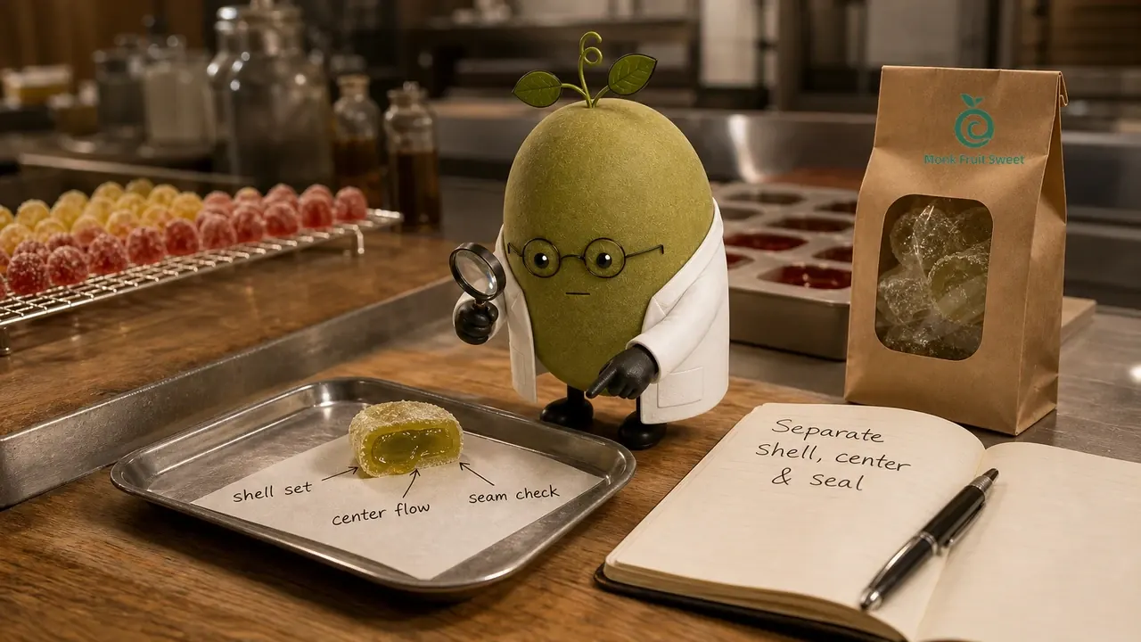 Monk Fruit Doctor inspecting a cut filled gummy with separate shell set, center flow and seam check arrows on a real confectionery sample bench.