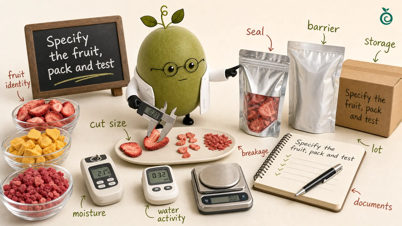 Green Monk Fruit Doctor Xiaohei는 동결 건조 과일 조각 크기, 파손, 수분 활성도 및 파우치 밀봉 사양을 확인합니다.