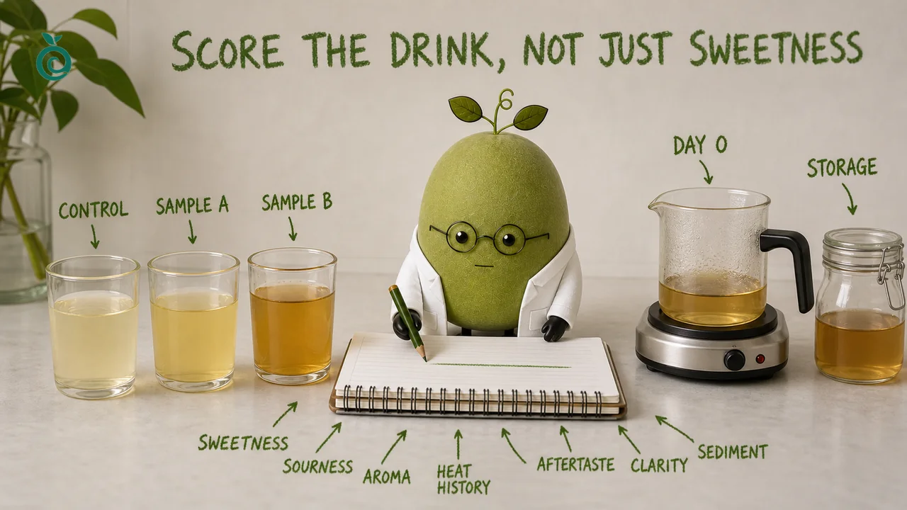 Green Monk Fruit Doctor Xiaohei는 과일 음료 점수표에 단맛, 신맛, 향, 열 이력, 투명도 및 저장 행을 기록합니다.
