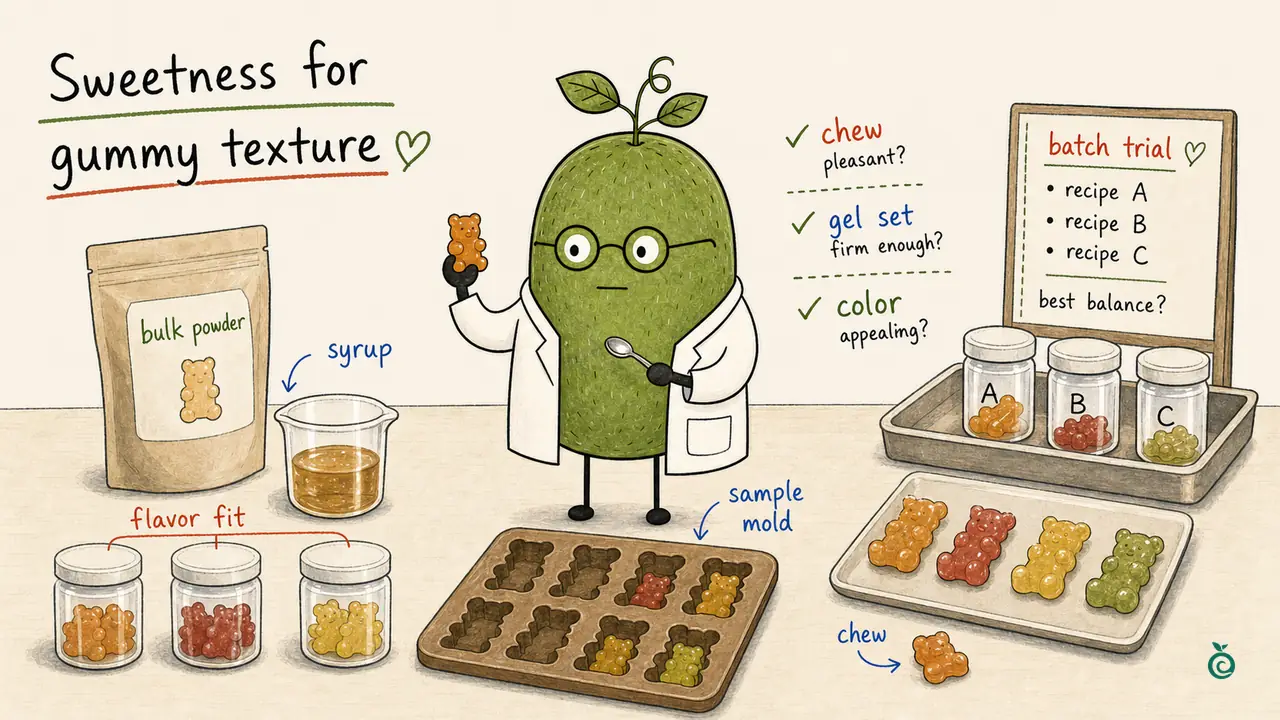 Green Monk Fruit Doctor Xiaohei reviewing gummy coating adhesion, moisture pickup, package contact and powder-transfer observations on a sample bench.