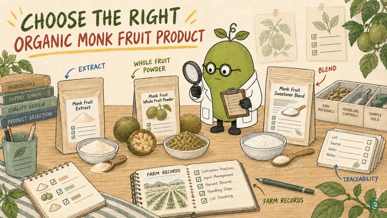 Monk Fruit Doctor comparing extract, whole fruit powder and a sweetener blend with farm records and traceability documents.