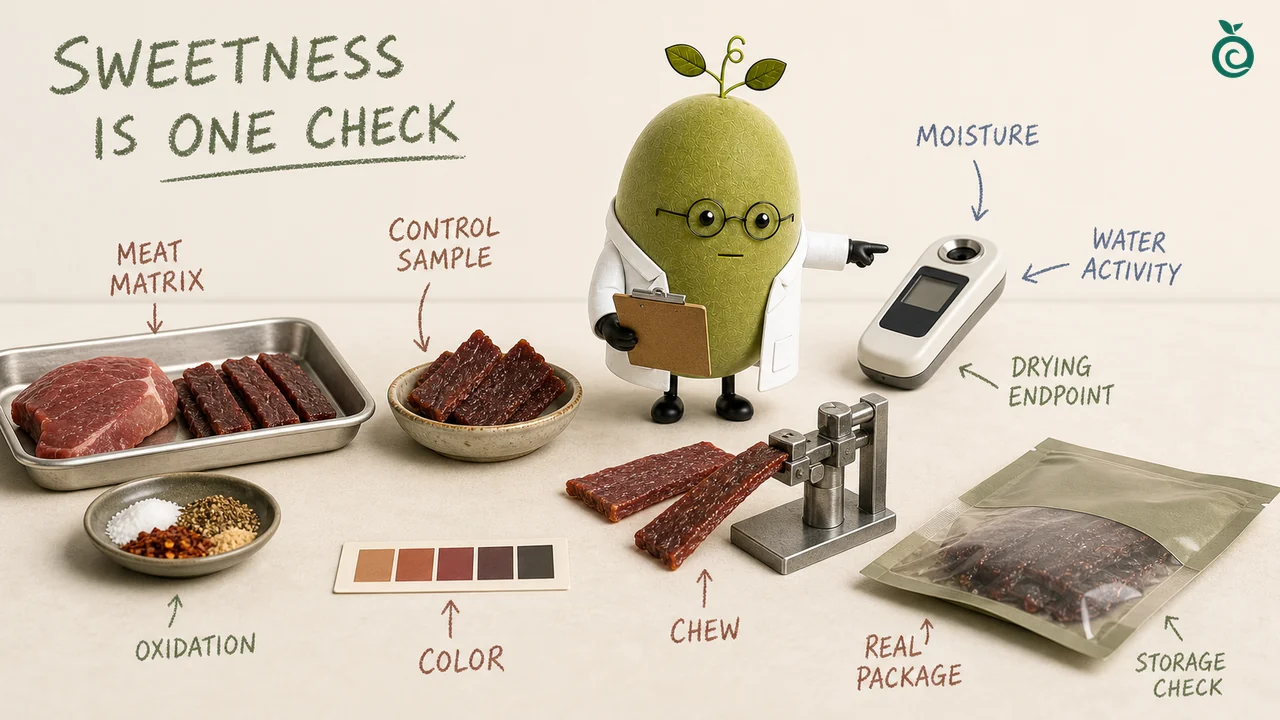 Green Monk Fruit Doctor Xiaohei разделяет сладость, влажность, цвет и жевательную способность на стенде для отбора проб вяленого мяса с низким содержанием сахара.