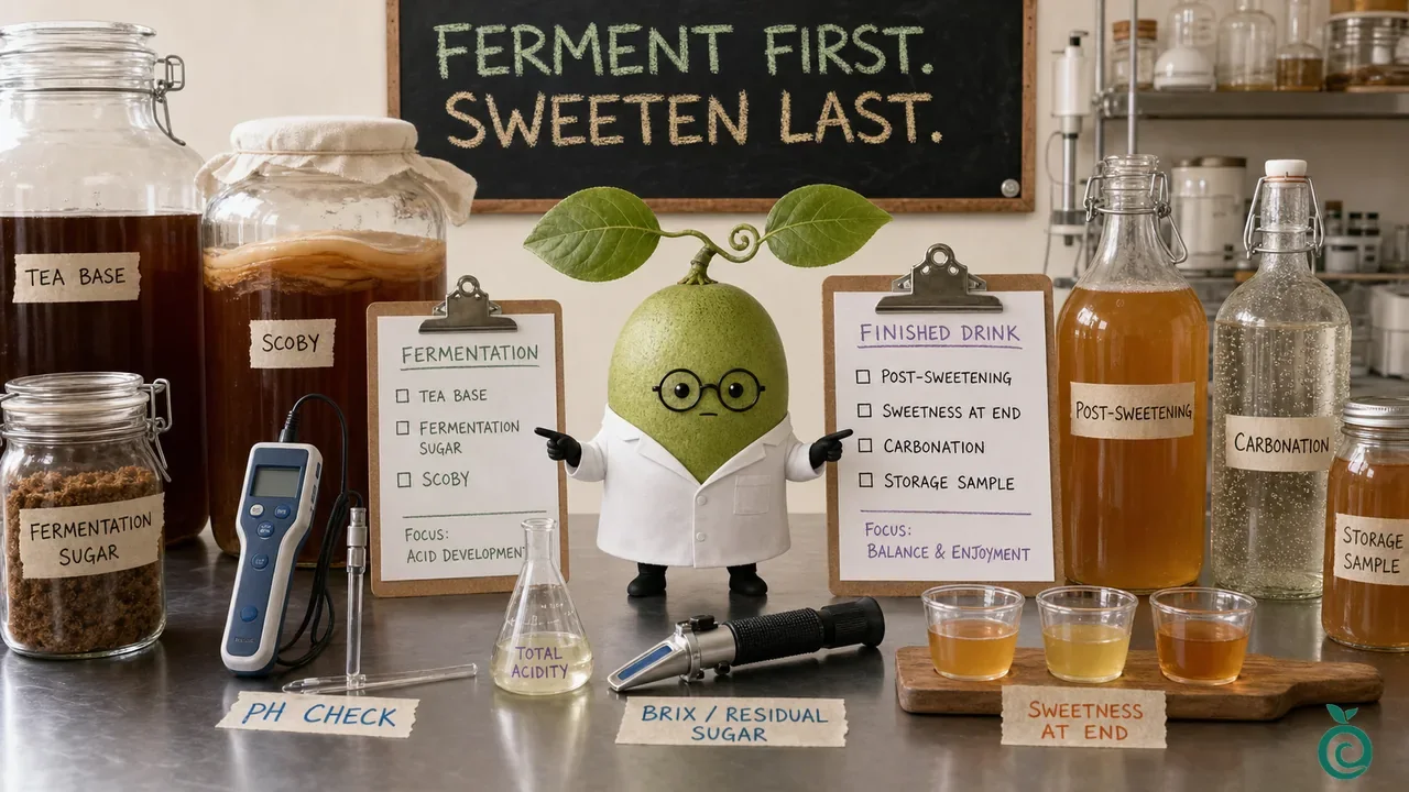 Green Monk Fruit Doctor Xiaohei separating kombucha fermentation sugar, endpoint acidity and post-sweetening checks on a real beverage bench.