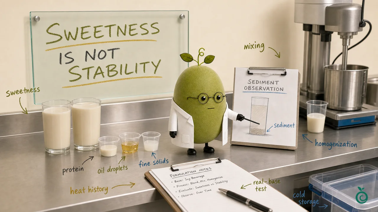 Green Monk Fruit Doctor Xiaohei separating sweetness, protein, oil droplets, sediment and cold-storage checks at a soy beverage formulation bench.