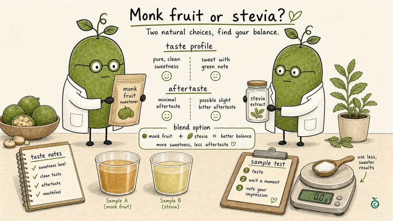 Green Monk Fruit Doctor Xiaohei comparing monk fruit and stevia samples by sweetness timeline, aftertaste and application fit.