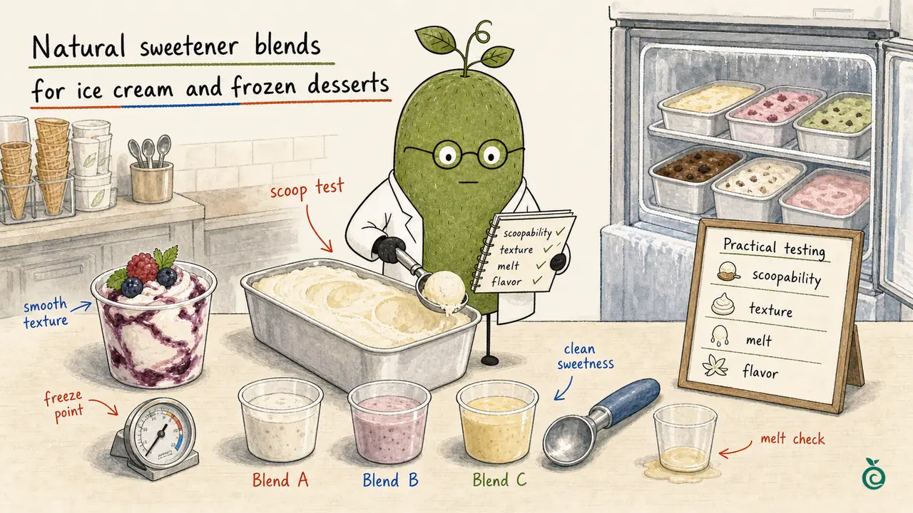 Illustration de Ian Xiaohei sur les tests de mélanges d'édulcorants naturels pour la texture et la facilité de formation des boules de la crème glacée.
