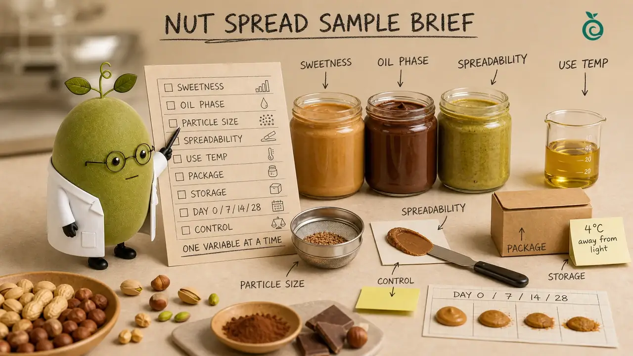 Green Monk Fruit Doctor Xiaohei separa el dulzor, la fase oleosa, el tamaño de las partículas, la capacidad de esparcimiento y las comprobaciones de almacenamiento para un resumen de muestra de untable de nueces.