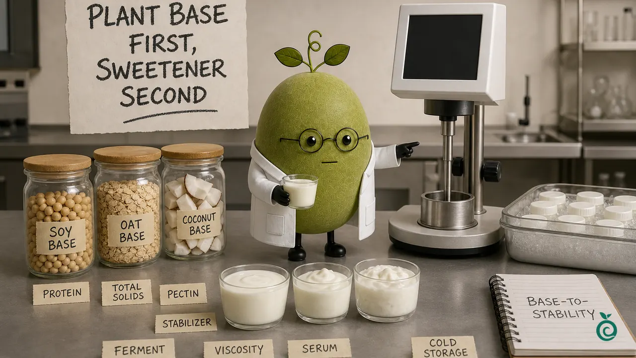 Dokter Luo Han Guo hijau, Xiaohei, membandingkan kemasan yogurt nabati serta catatan protein, padatan, dan penstabil di samping pemeriksaan sineresis.