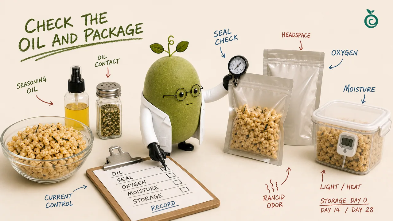 Green Monk Fruit Doctor Xiaohei checking seasoning oil, pouch seal, oxygen, moisture and storage rows on a puffed rice snack scorecard.