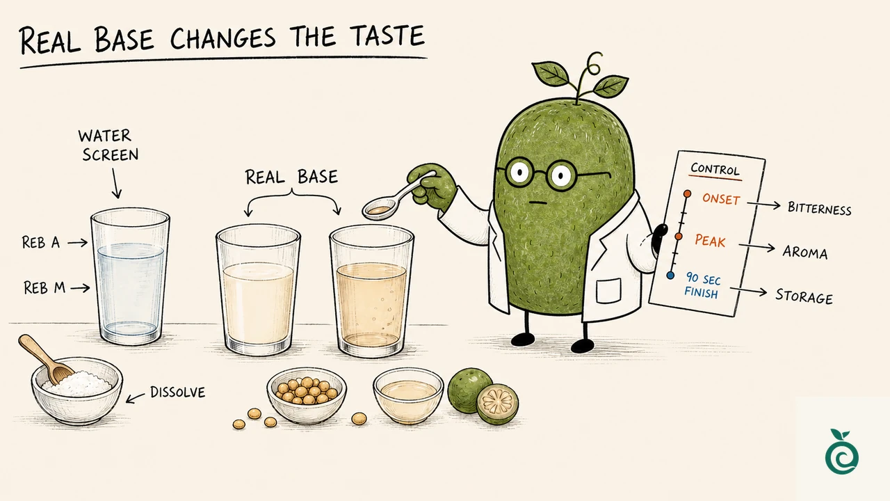 Green Monk Fruit Doctor Xiaohei는 실제 음료 및 유제품 기반의 Reb A와 Reb M을 감각 타이밍 스코어카드와 비교합니다.