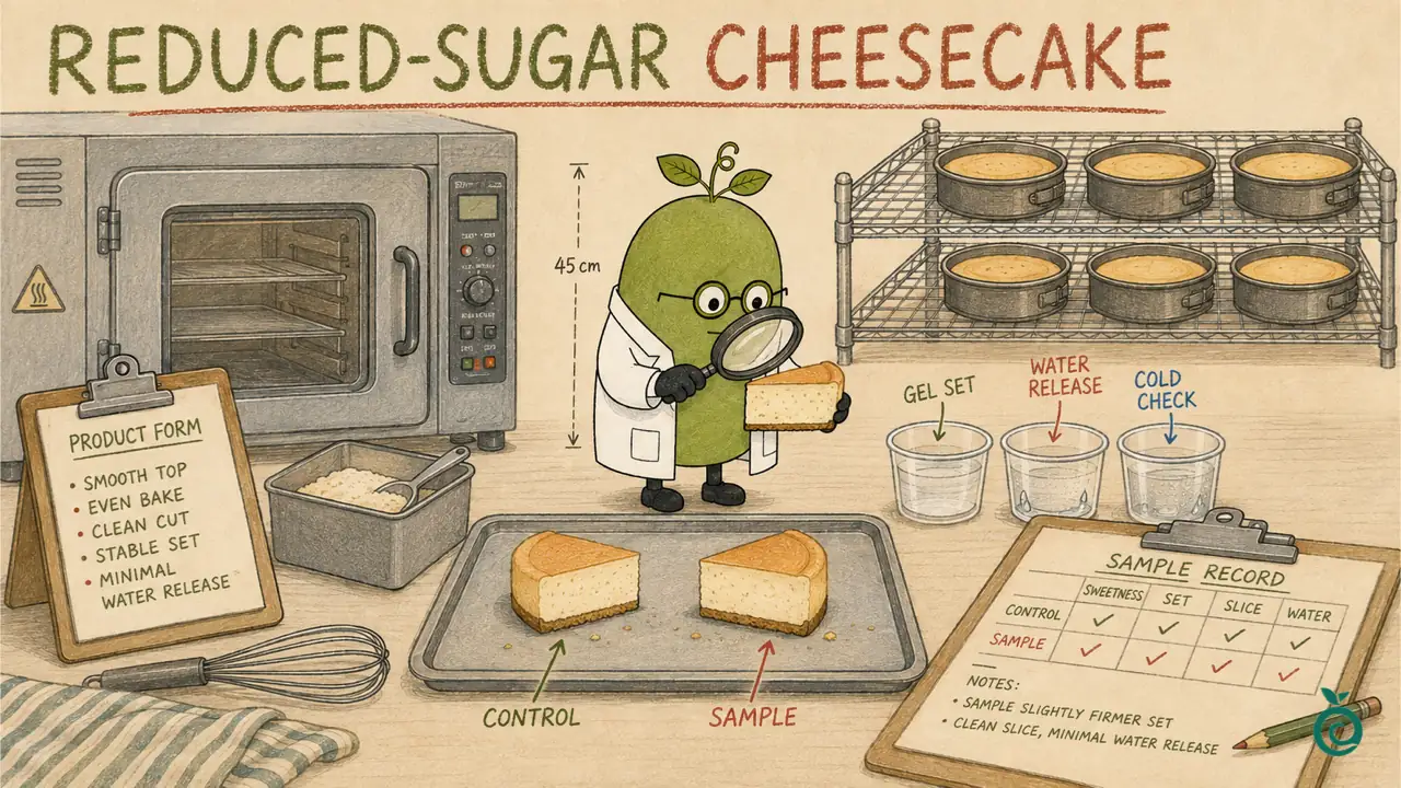 Green Monk Fruit Doctor Xiaohei inspecting reduced-sugar cheesecake control and sample slices beside an industrial oven, cooling rack and separate set, slice and water-release records.