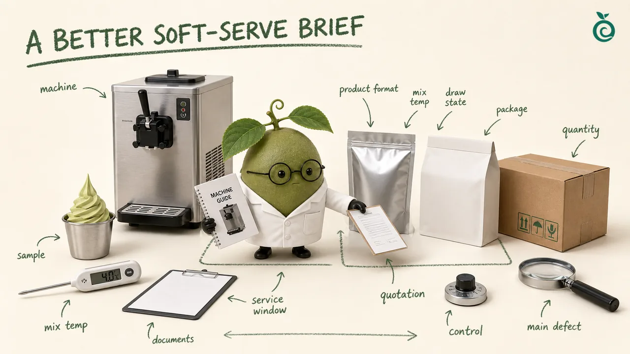 Green Monk Fruit Doctor Xiaohei sorting a soft-serve supplier brief with machine, service, packaging and market notes.