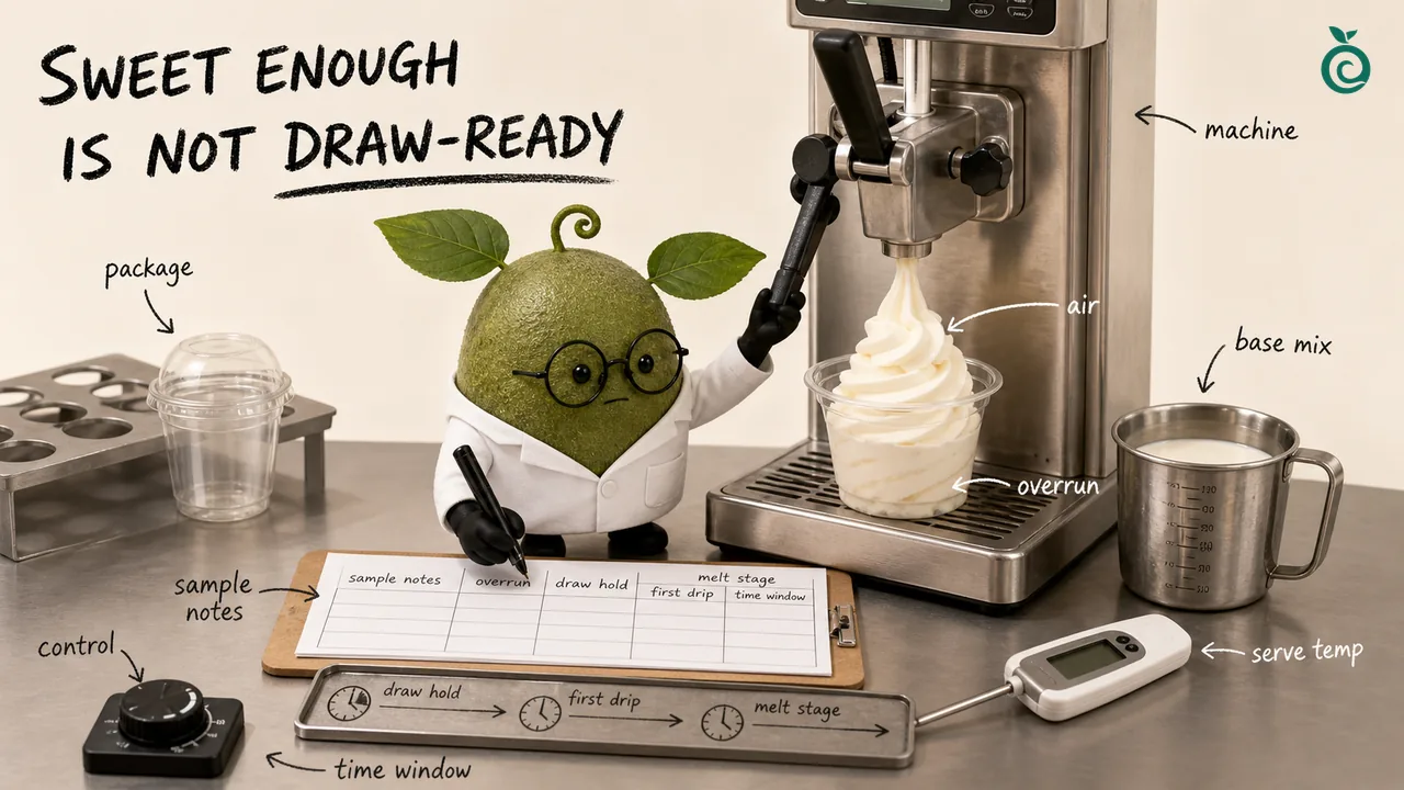 Green Monk Fruit Doctor Xiaohei separating overrun, draw hold and timed melt checks at a soft-serve sample station.