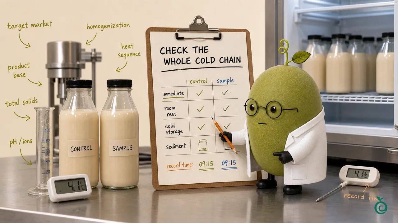 Green Monk Fruit Doctor Xiaohei comparing soy beverage control and sample rows across protein, process, sediment and cold storage.