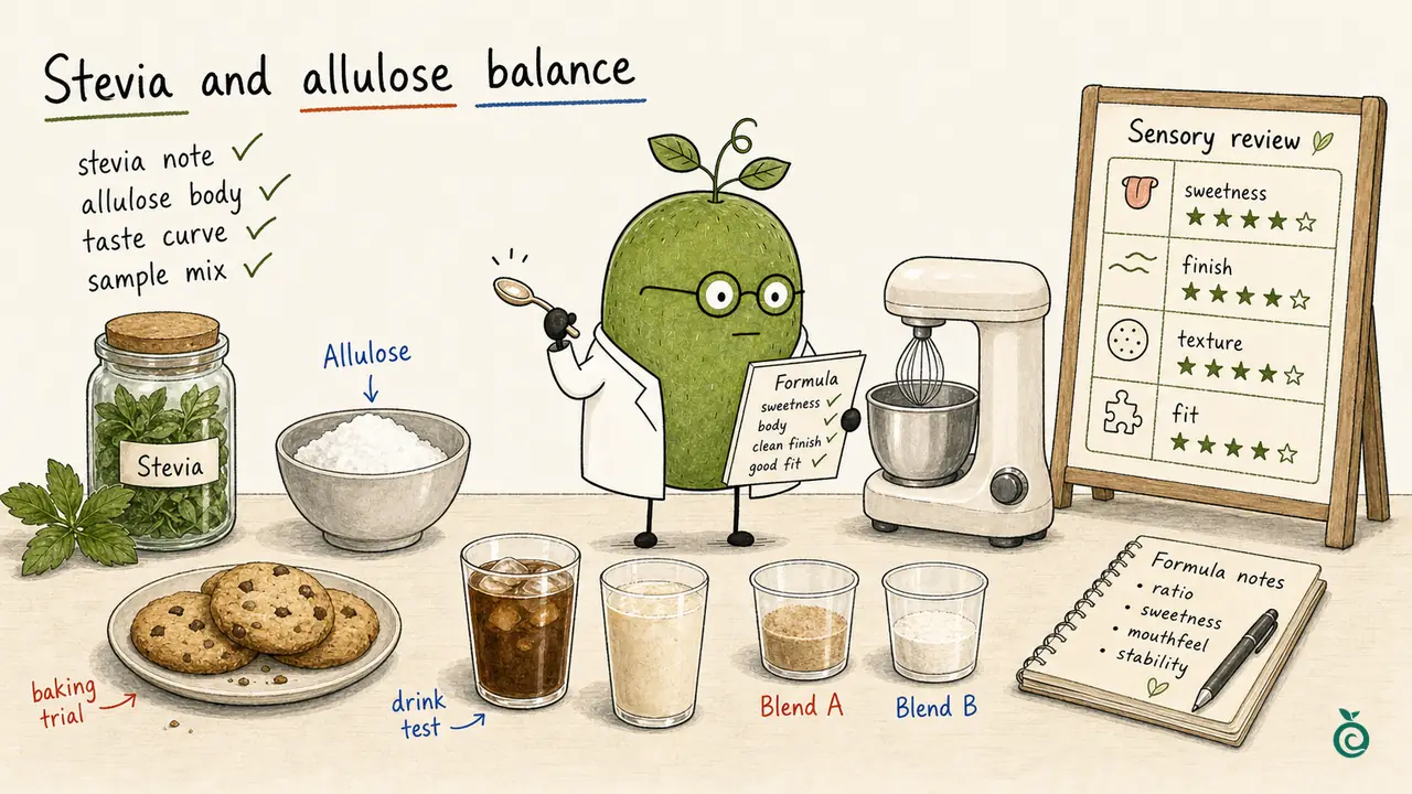Ilustración de Ian Xiaohei sobre cómo mezclar stevia y alulosa mientras se comprueba el sabor, la sensación en la boca y la etiqueta.