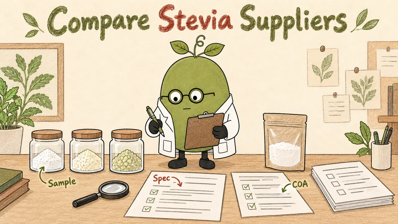 Monk Fruit Doctor compares stevia samples, a specification and a batch COA at a workbench